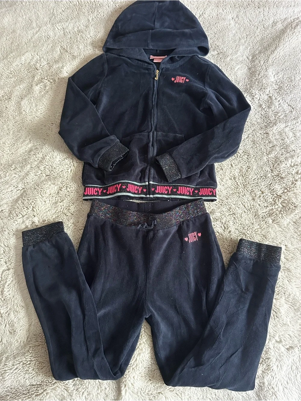 Girl’s Juicy Couture Navy Velour Track Set with Pink Logo Trim